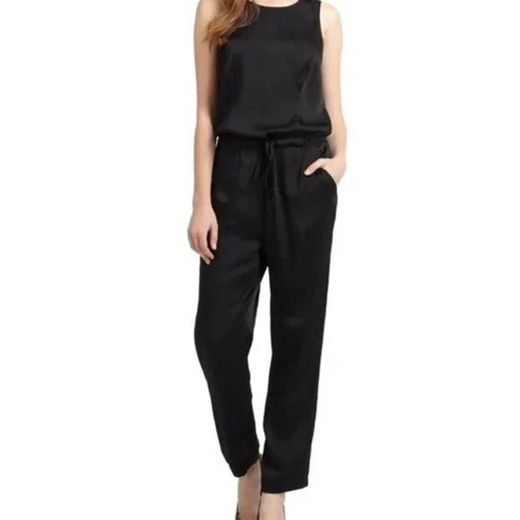 BCBGMaxAzria Pants - BCBGMaxAzria Liam Black Satin & Lace Drawstring Tie Waist Jumpsuit Size S